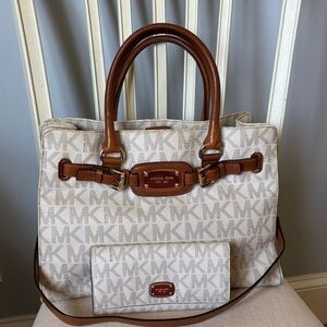 Michael Kors Beige Logo Signature Tote with Brown Leather Trim and Wallet Set